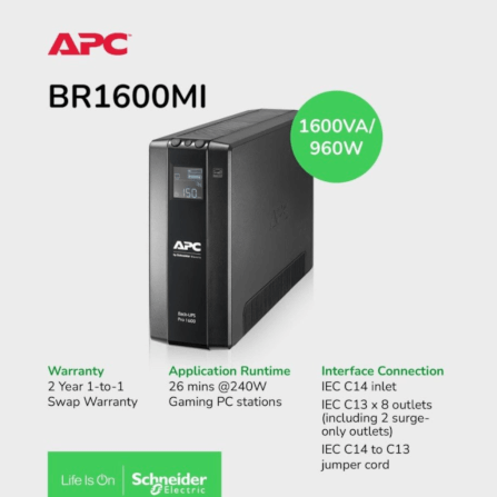 เครื่องสำรองไฟฟ้า APC 1600VA 960 วัตต์ รุ่น BR1600MI-3Y EASY UPS 8 ช่อง ป้องกัน ไฟตก ไฟเกิน_2